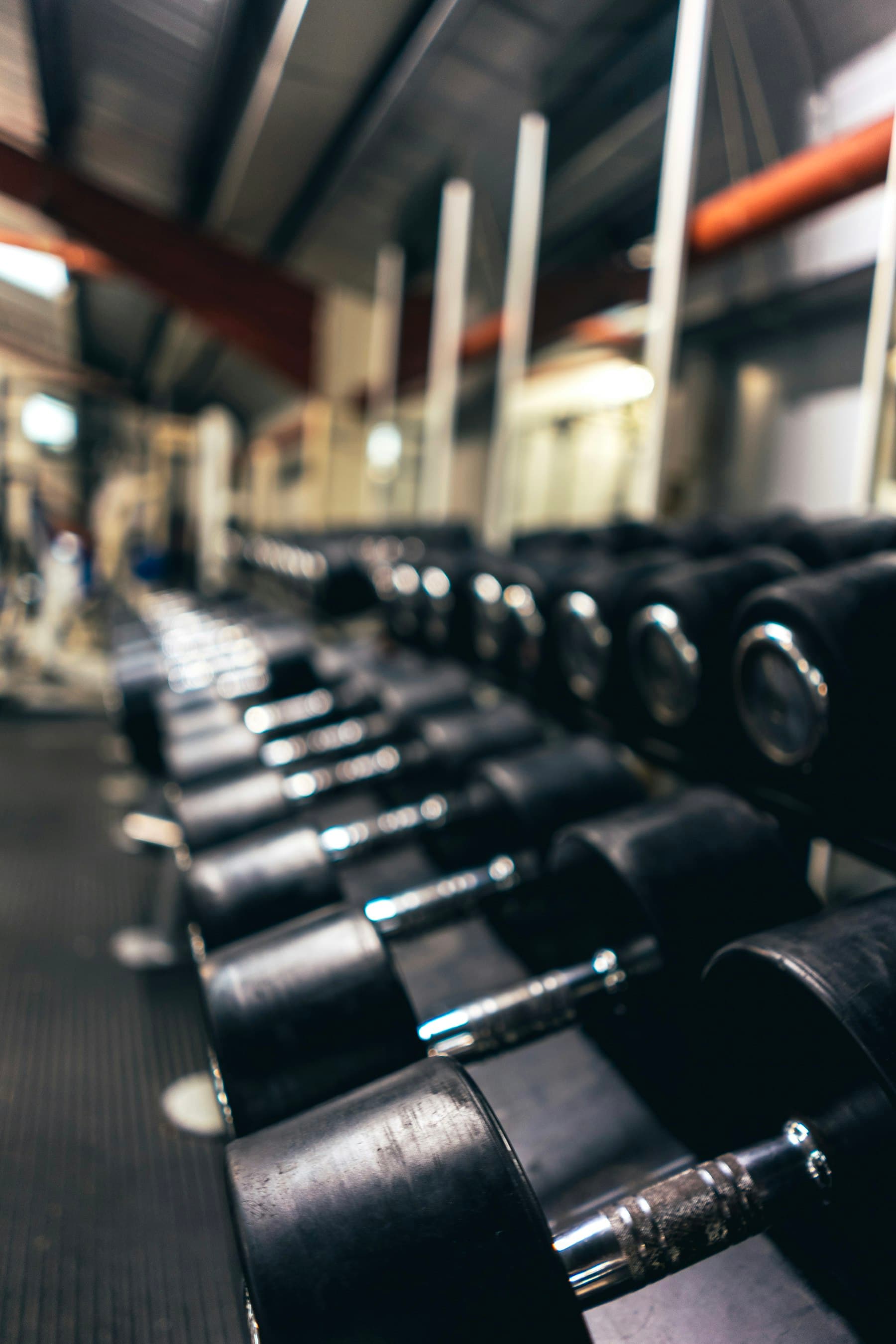 Row of dumbbells on the industrial training floor under a steel roof.