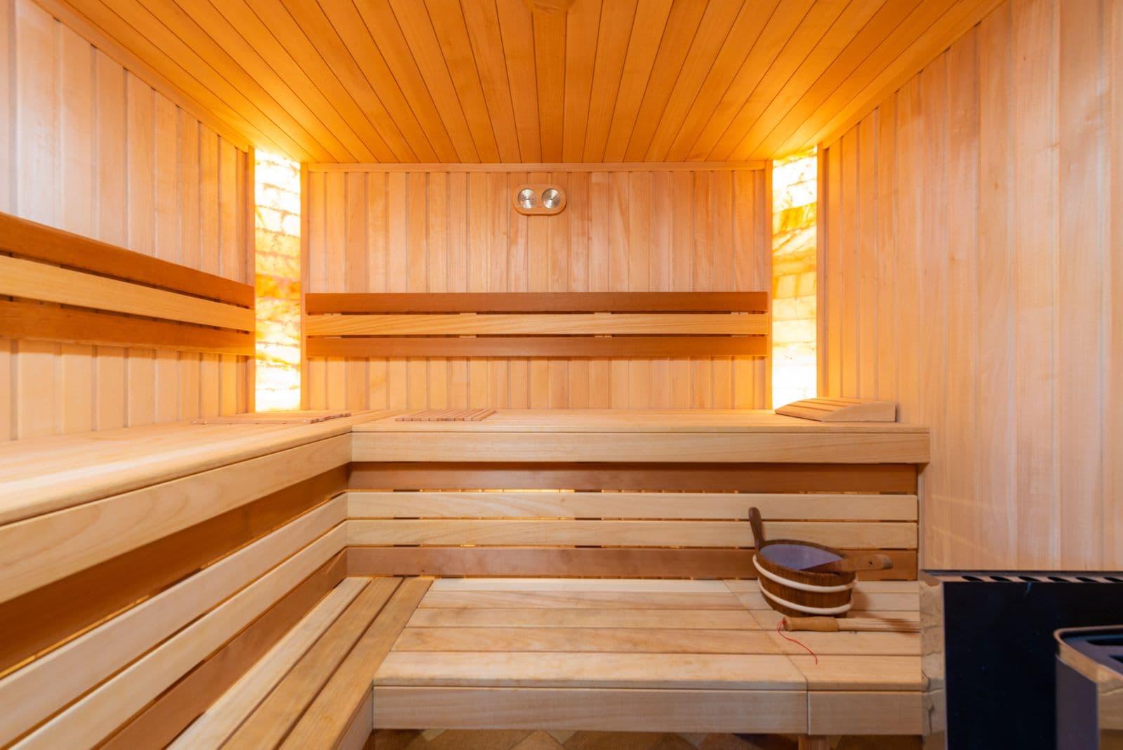 Timber sauna benches in the recovery room.